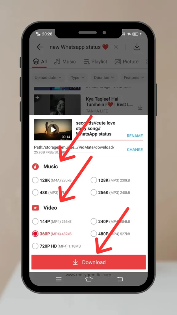 vidmate apk -download whatsapp love status in your Required HD Video Quality